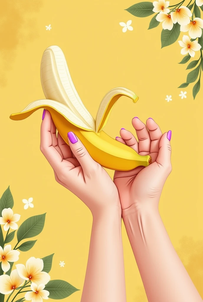 Beautiful female hands holding the inner part of a peeled banana、An illustration、design、art