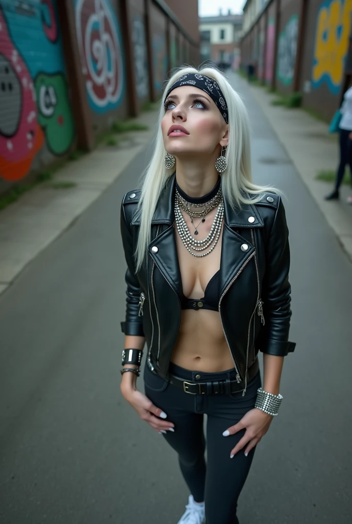 russian milf woman, biker gang member, platinum blonde hair (straight, middle part) with bandana headband, with very light blue eyes, extremely pale, heavy eye shadows (panda eyes). Wearing cropped black moto jacket with a lot of zippers and pins, push up bra bra, black leggings and white tennis sneakers . Lots of metallic bracelets and lots of white pearl collars. Tacky leather belt with oversized, excessive silver buckle. Hands in pockets Wide loop earrings. Looks up, overwhelmed: she tinks God is speaking to her 