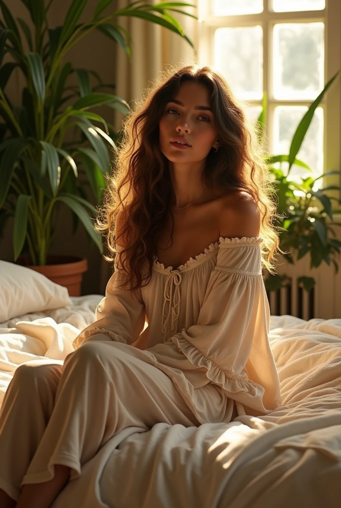 (photorealism:1.2), beautiful woman, sitting on bed, wearing loose off-shoulder top, pajama pants, long curly hair, indoors, soft lighting, plants in background, window with sunlight, cozy room, relaxed pose, realistic, intricate details, warm colors, by Greg Rutkowski, by Alphonse Mucha