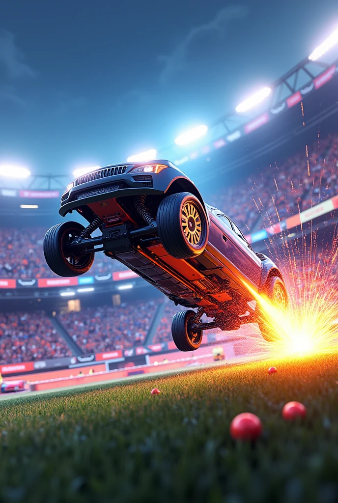 crée une image d'une arène de rocket league, une voiture marque un but en faisant un flip avant. la balle entre dans le but de l arène avec une explosion type manga. hyper détaillé , hyper realiste, 16:9