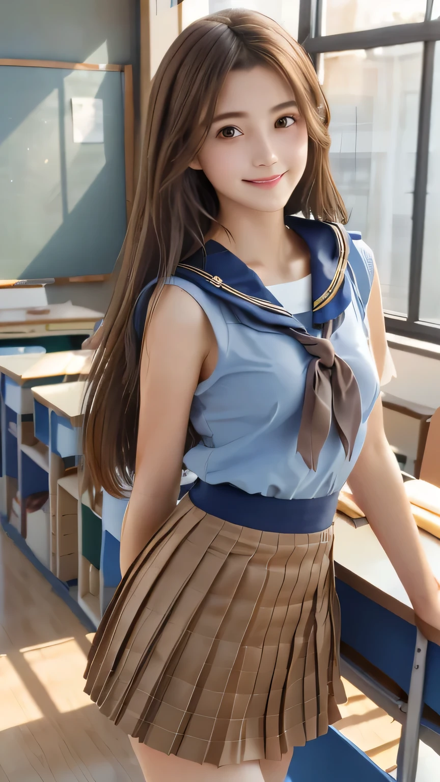 Non-NSFW、Real、(Highest quality), (masterpiece)、Ultra-high resolution、RAW Photos, (upper body), (in classroom:1.5), Fantasy、Looking into the camera、alone、(elemental Sylph:1.1), Beautiful Spirit、Super Beauty, (immature:1.2), (16years-old:1.2)、Moisturized Skin、Perfect model body、Beautiful Eyes、Big eyes, (brown eyes:1.2)、Inconspicuous tear bags、slim、Beautiful fingers、Very long hair、highly saturated photos, clavicle, attractive,skinny, (smile:1.4), (Small breasts:1.1), (brown hair), (Waist-length hair:1.5), Small Ass, lips, (sailor uniform:1.5),(Checked light blue skirt:1.2),(red tie:1.2), (pleated miniskirt :1.5),(high heels:1.1), (Several poses:1.1)