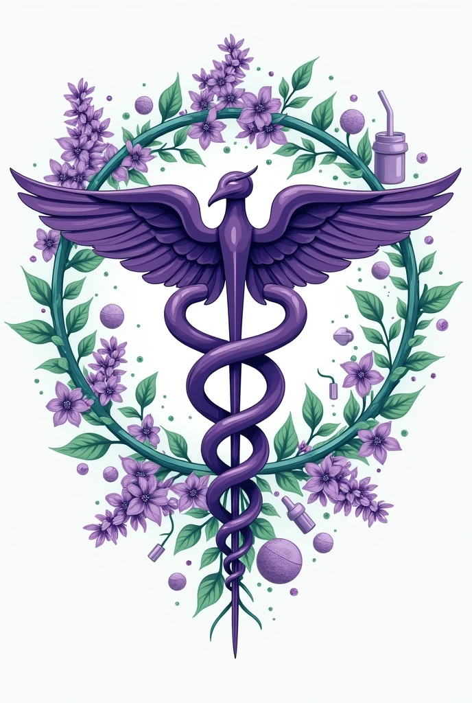 Create me a design for t-shirt for Pharmacy course a aesthetic design in the design add the Cadeceus and other pharmacy related equipments. The color of the designs should be a good combination with the lilac colored shirt