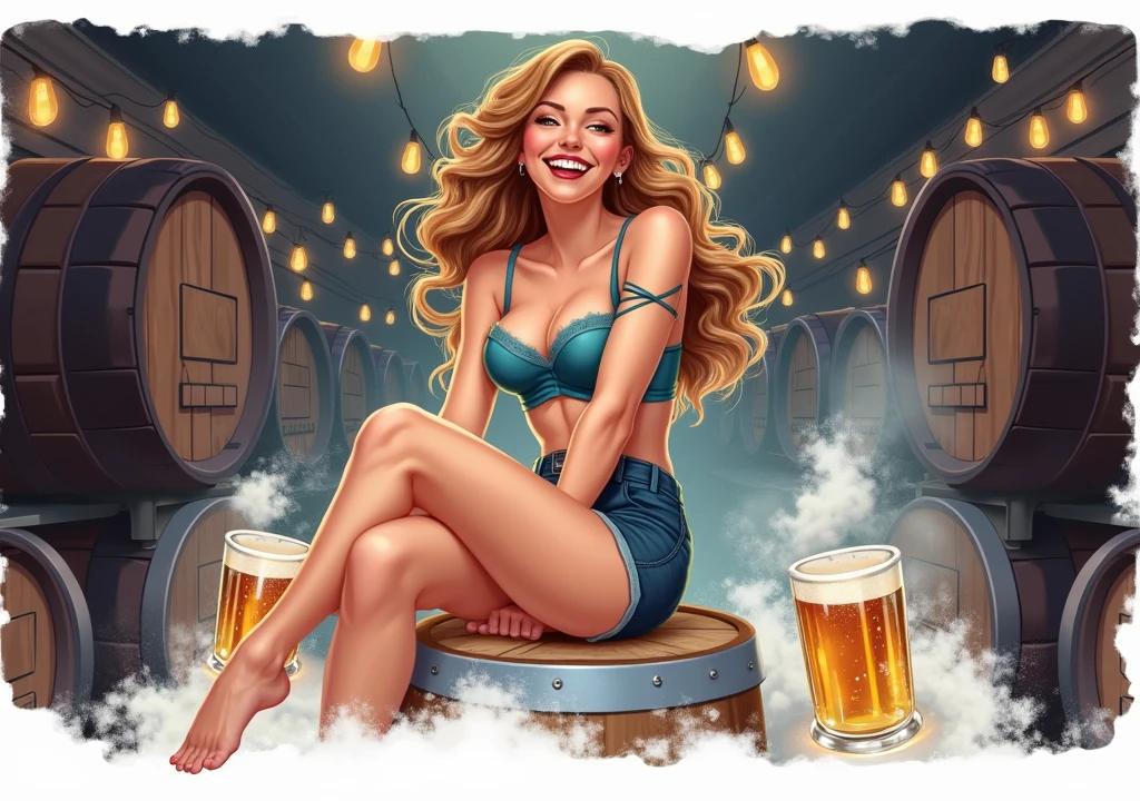 pin-up for 30 years.Bruno Lebrun +Mark Newman, naked young lady on a beer barrel, wild laughter, eyes in a bunch!