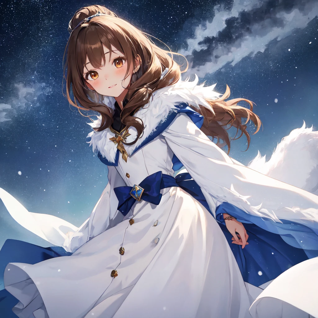 Starry Sky, The snow queen, Cute face:1.5, petite:1.5, 15 years old, long hair:1.5, pony tail, Brown Hair, uhd, masterpiece, accurate, anatomically correct, textured skin, super detail, high details, high quality, best quality, highres, 16K