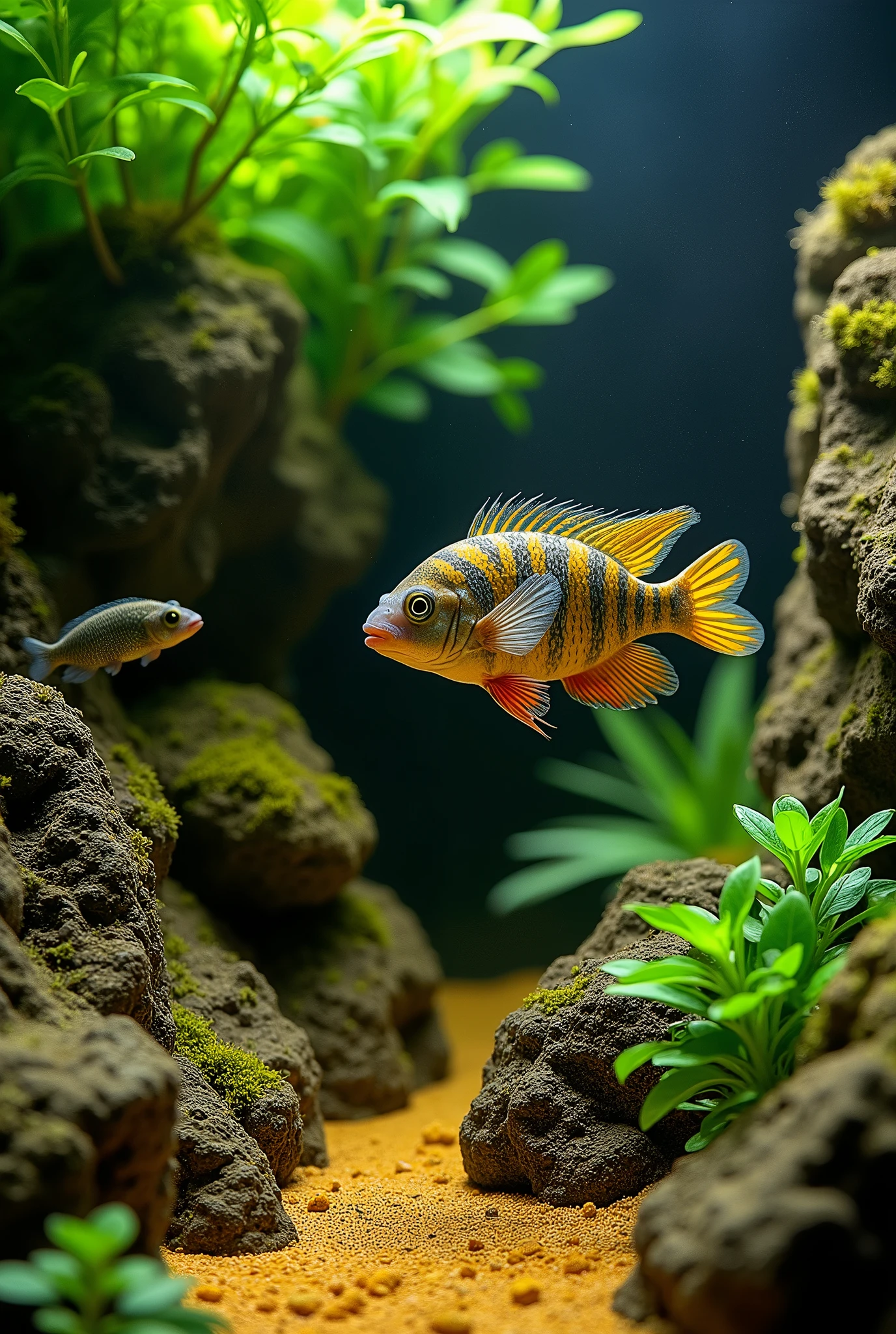 An aquarium with a new species of killifish, a mix of African cichlids with nothobranchius, with planted decoration of puddle bottom with zanzibar rocks. PICTURE REALISTIC.