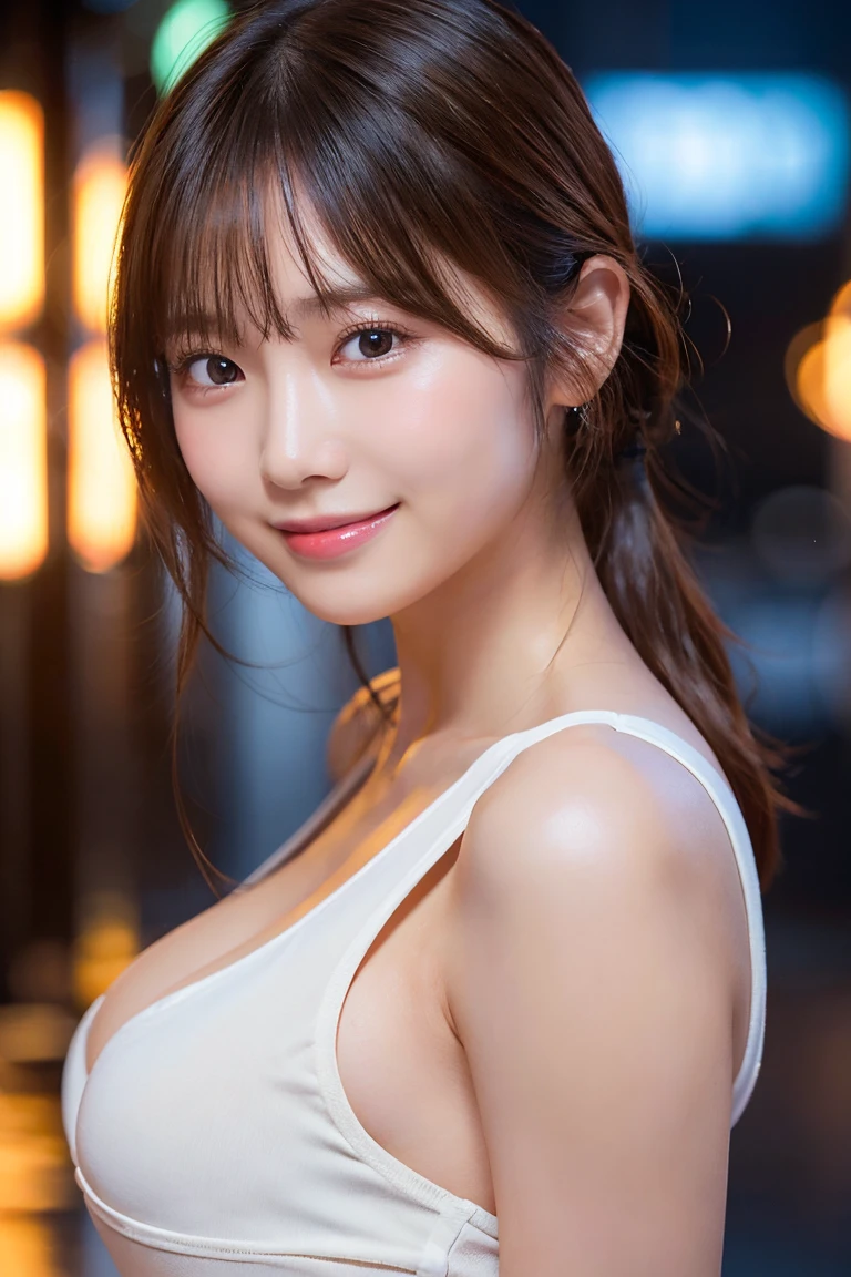 20-year-old girl,Japanese,Huge breasts, 1 girl per photo, Full Body Shot, View from the front, Japanese, cute, Luxurious appearance, とてもcute顔, The best smile,Glossy Lips, Sweaty body, Double eyelids on both eyes, Natural Makeup, Shiny and smooth light brown long hair, Asymmetrical bangs, Sunburned skin, Center image, 8k resolution, Attention to detail, Detailed hairstyle, Detailed face, Great cinema lighting, Octane Rendering, Vibrant, Surreal, Perfect limbs, Perfect Anatomy、rain、Excited