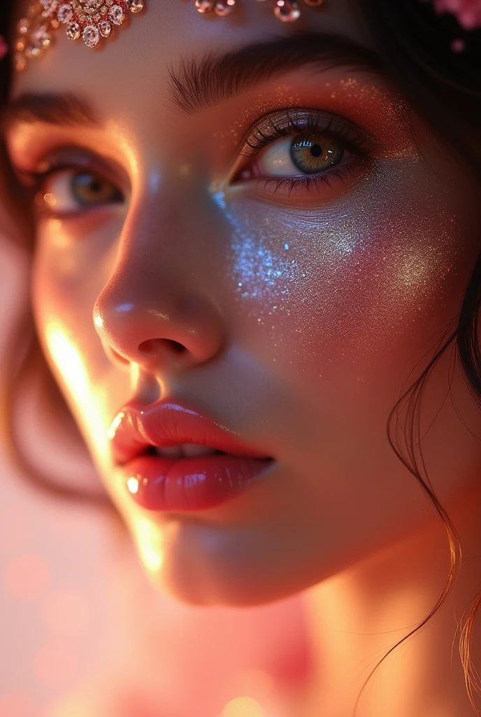 A (((professional photograph))) showcasing a (((product illustration))) for a (((perfume))) with complexly intertwined ((eyes)) that sparkle like crystal, glossy lips, and luxurious (((facial features))), set against a softly blurred (((backdrop))), suggesting a dreamlike, fantastical aesthetic. The scene is (((shimmering))) and (((sparkling))), with a (((vividly)) color cast that gives off a (((cinematic glow))), evoking a sense of (lunar fantasy) realism , lunar light, ultra HD, 8K, UHD, v5ล