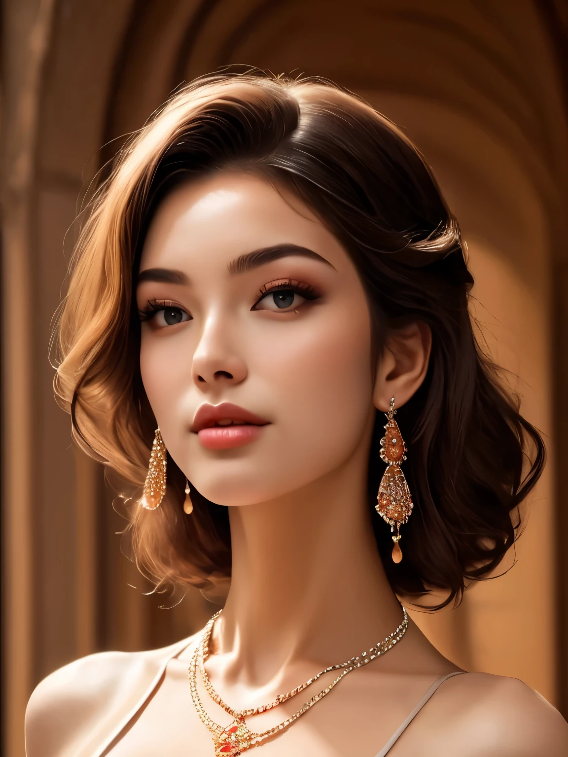 best quality,masterpiece,realistic,1woman,yujie,upper body,close mouth,Earrings,Necklace