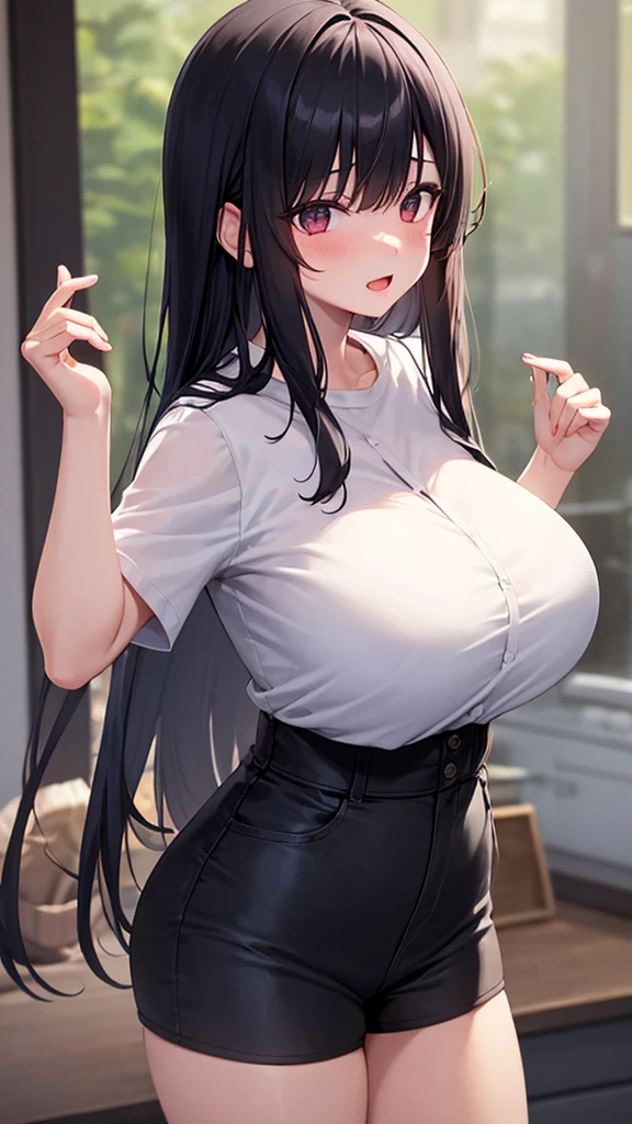 One person, solo, Long Hair, Big Breasts、bangs, Large Breasts, Double、Black Hair、Light blush, Ahegao, shirt、Shorts、Turning around