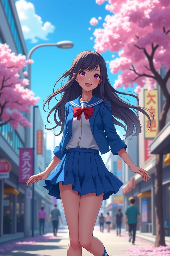 Girls in school uniform walking on the sidewalk. Anime girl cosplay, playful and cheerful. Stream. Blue dress. Fortnite style. Live action. Featured on amiami. Japanese girl, 19 years old, fair skin, long hair, cheerful.