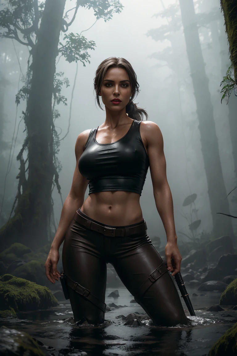 full body lara croft, long brown ponytail, brown eyes, high arched eyebrows, red lips, large  leather pants, filter sleeveless torn t-shirt deep leather boots in jungle, (Realistic,photoRealistic, photo-Realistic:1.37),Horror, dark and gloomy atmosphere with dramatic lighting, Vivid colors, Foggy surroundings, the trees, covered with moss, detailed facial expression, long wavy hair floats in the water, Reflections on the surface of the water, Eerie fog