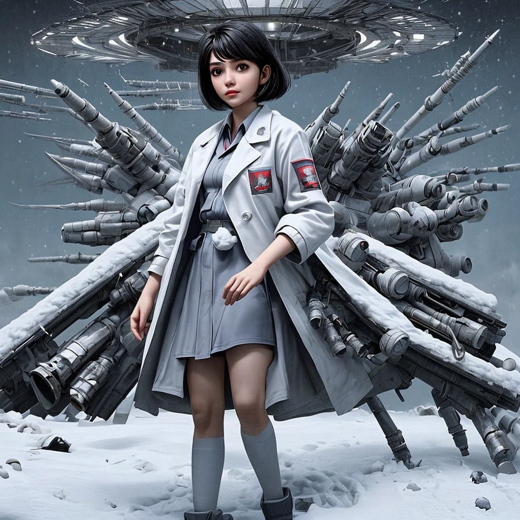 Ring World,Science Fiction,Sci-Fi Movies,Artillery,Long-Range Missiles,Based on the movie Foundation ,Woman,Adult,Protagonist,28 years old,hopeful face,brown eyes,short hairstyle,black hair with white gray,scientist uniform,white researcher coat,open meadow,rebel,chaotic,future world,world of socialism,snow,chaos