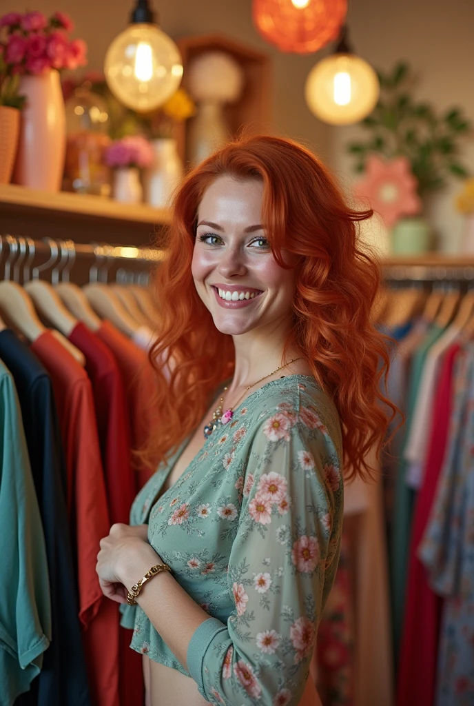 Create an image of a short, white, red-haired woman with a body with a silhouette and long curly hair, happy and successful with her women&#39;s clothing store. 