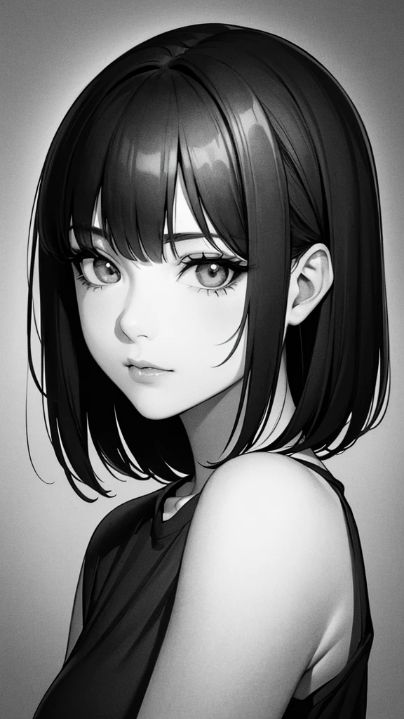 1girl, solo, sharp eyes, monochrome, greyscale, short black hair, portrait, T-shirt, closed mouth, looking at viewer, sketch, graphite \(medium\), detailed lips, hatching \(texture\), without makeup, bangs, upper body, (best illustration), (best quality), (very detailed), (masterpiece), 30 year girl,