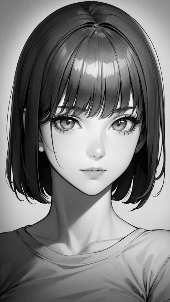 1girl, solo, sharp eyes, monochrome, greyscale, short black hair, portrait, T-shirt, closed mouth, looking at viewer, sketch, graphite \(medium\), detailed lips, hatching \(texture\), without makeup, bangs, upper body, (best illustration), (best quality), (very detailed), (masterpiece), 30 year girl,