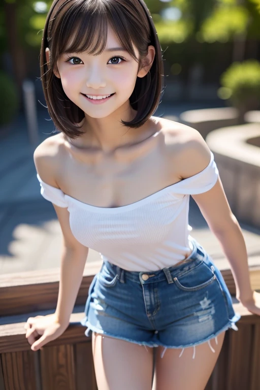 idol, small, Cute as an angel, One girl, Japanese, Middle school students, Young, prety, Sparkling eyes, No body hair, Thin legs, Attention to detail, Highest quality, High resolution, off shoulder dress, bobbed hair, short bob, miniskirt, shorts, denim shorts, denim skirt, over knee socks, sit, smile, on stage, Anatomically correct, Textured skin, high quality, high quality, high details, best quality, highres, super detail, accurate, high details, best quality, highres, super detail, accurate