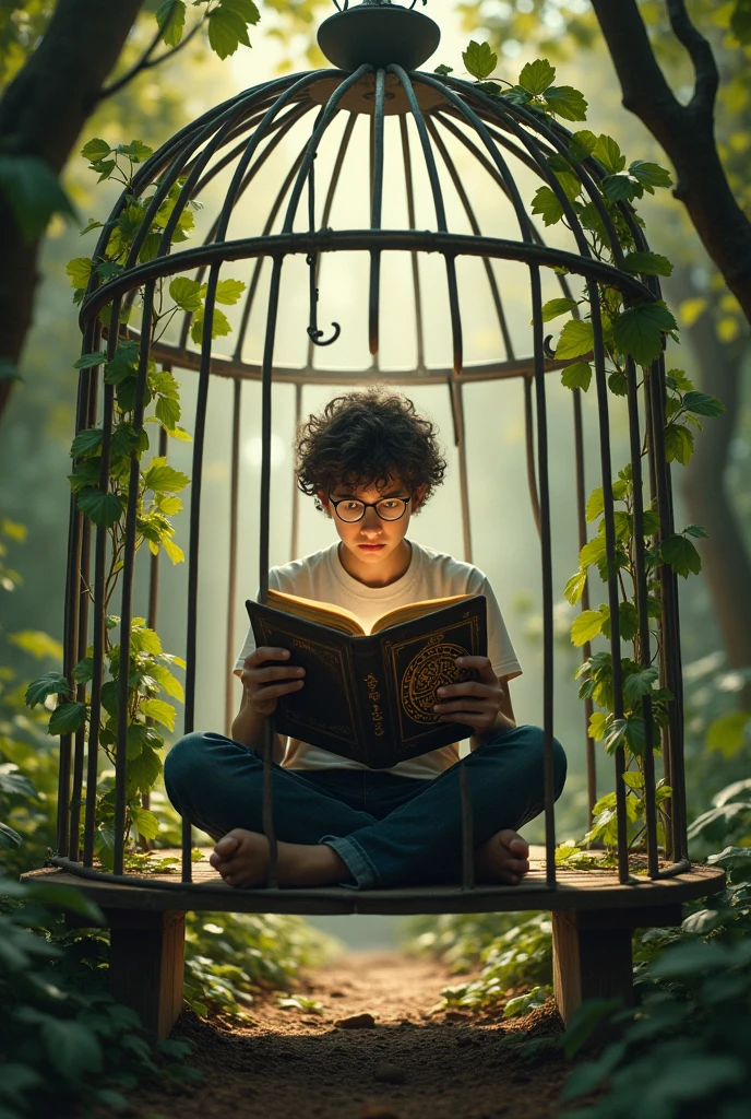 a student sitting on a bench inside a cage with a book in his hands very easy drawing
