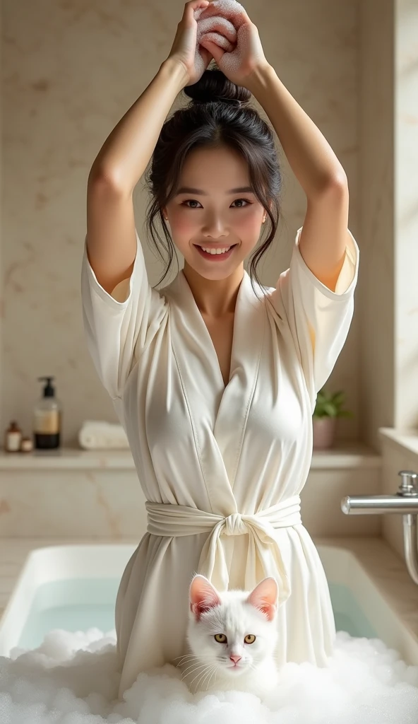 Photorealistic, young Asian woman, long brunette hair tied loosely in a ponytail, brightly smiling, opening a silk bath robe, standing in front of a marble bathtub