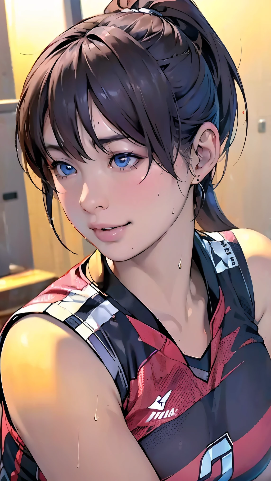 perfection、masterpiece、(Highest quality、High resolution:1.2)、 1 person、Beautifully detailed eyes、Beautiful pink lips、Highly detailed eyes and face、Bright colors、HDR、Studio Lighting、Ultra-high definition painting、Sharp focus、Physically Based Rendering、Extremely detailed depiction、moderate bust、perfectionな形、Facing the viewer、Sweat、smile、Volleyball Player、((Sleeveless red volleyball uniform))、ponytail、gym、Depth of subject、Close-up of face、