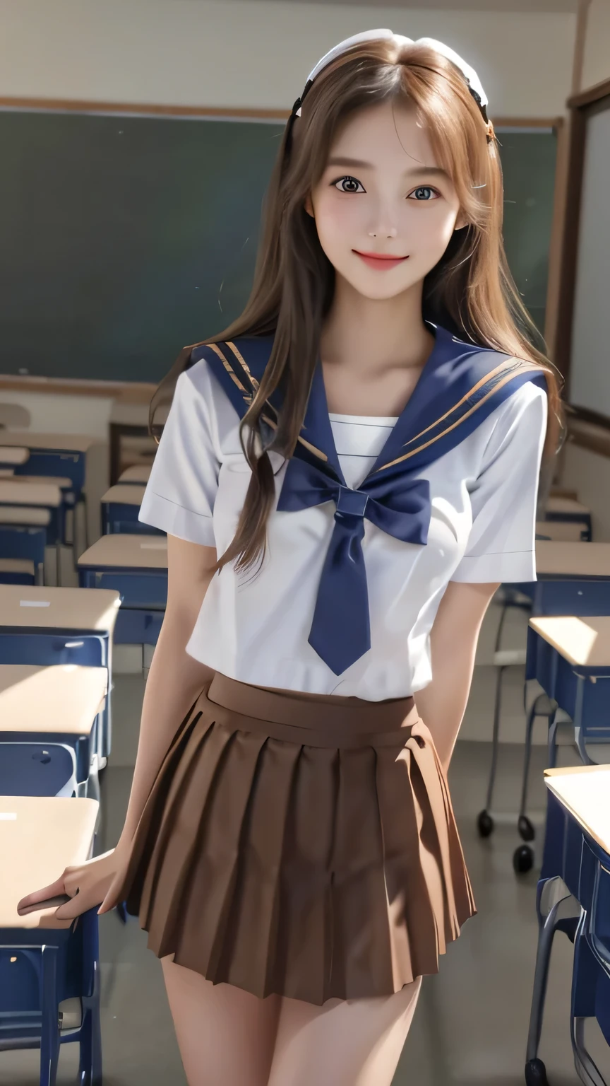 Non-NSFW、Real、(Highest quality), (masterpiece)、Ultra-high resolution、RAW Photos, (upper body), (in classroom:1.5), Fantasy、Looking into the camera、alone、(elemental Sylph:1.1), Beautiful Spirit、Super Beauty, (immature:1.2), (16years-old:1.2)、Moisturized Skin、Perfect model body、Beautiful Eyes、Big eyes, (brown eyes:1.2)、Inconspicuous tear bags、slim、Beautiful fingers、Very long hair、highly saturated photos, clavicle, attractive,skinny, (smile:1.4), (Small breasts:1.1), (brown hair), (Waist-length hair:1.5), Small Ass, lips, (sailor uniform:1.5),(Checked light blue skirt:1.2),(red tie:1.2), (pleated miniskirt :1.5),(high heels:1.1), (Several poses:1.1)