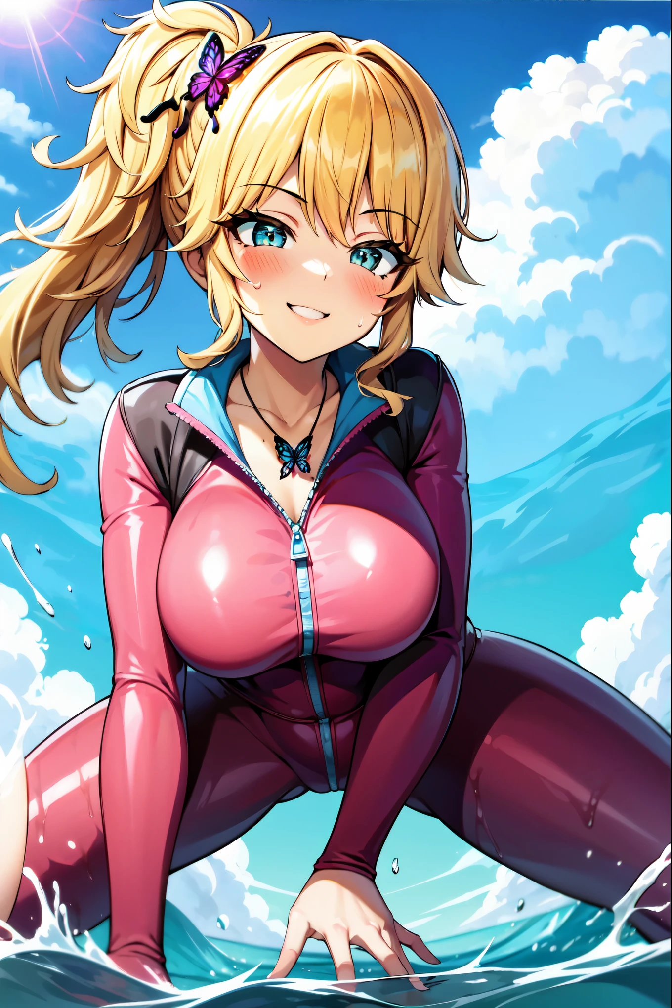 （（super high quality,Ultra-high resolution,16K,super masterpiece,Ultra HD,Ultra high definition,））One Girl,A bright and shiny pink wetsuit,Zipper opening from neck to crotch,Tight collar,popped collar,Butterfly shaped light blue necklace,Looking at the camera,Provocative smile,blush,Put one hand on your head,Put one hand between your legs,Leaning forward greatly,,Spread your legs,Sweaty all over,Top-down angle,a blue sky with clouds and sun,A lot of water splashing from below,