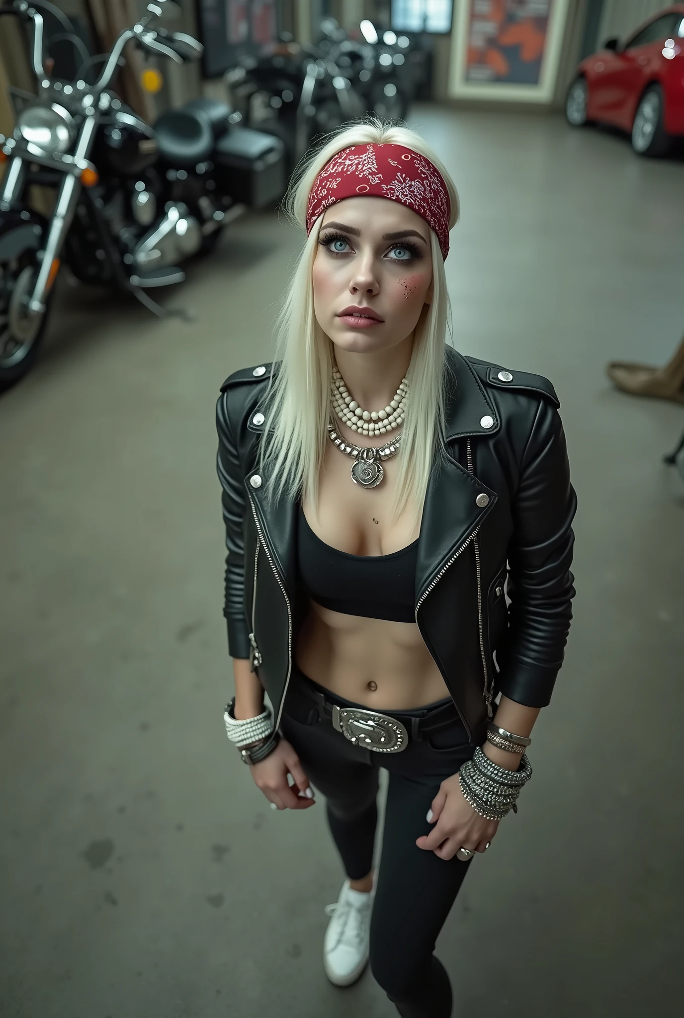 russian milf woman, biker gang member, platinum blonde hair (straight, middle part) with bandana headband, with very light blue eyes, extremely pale, heavy eye shadows (panda eyes) Sad face, smeared make up, runny mascara. Wearing cropped black moto jacket, push up bra bra, black leggings and white tennis sneakers . Lots of metallic bracelets and lots of white pearl collars. Tacky leather belt with oversized, excessive silver buckle. Hands in pockets Wide loop earrings. Looks up, overwhelmed: she tinks God is speaking to her