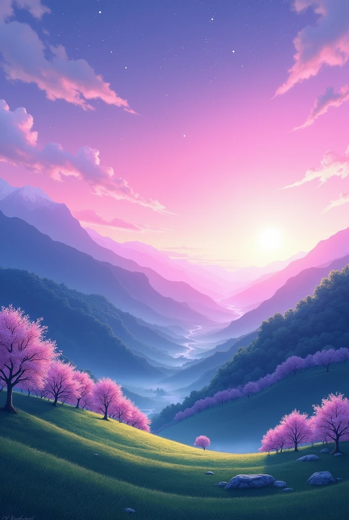 Viral anime nature wallpaper in 4K quality, in the style of photography with a 35mm lens inspired by Mamoru Hosoda, capturing a tranquil mountain meadow at dawn, the sky a gradient of pink and purple, and a gentle mist rising from the ground; cool and serene color temperature, cosmos lighting with stars twinkling in the sky, no human characters, the atmosphere is peaceful and serene --v 5 --stylize 1000.featuring a picturesque valley with rolling hills, blossoming cherry trees