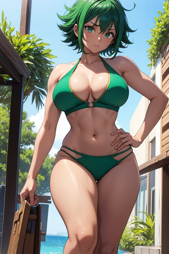 Create an image of a gender-swapped version of Izuku Midoriya, depicted as a stunningly beautiful and confident girl. She has short, vibrant green hair, neatly styled to frame her face, with every strand rendered in exquisite detail. Her large, expressive eyes are meticulously detailed, reflecting a mix of determination and warmth that perfectly captures her heroic nature. Her physique is athletic yet feminine, with well-defined curves that highlight her toned, powerful body. She is wearing a stylish bikini that accentuates her figure, with the bikini top fitting snugly to showcase her strong upper body and the bikini bottoms highlighting her toned legs and perfectly curved hips. The bikini’s design is both flattering and sleek, complementing her overall appearance. She stands confidently, perhaps with one hand resting on her hip and the other brushing through her short hair, looking directly at the viewer with a playful yet determined expression that exudes both charm and power. Every detail, from the vibrant green of her short hair to the contours of her well-defined body, is rendered with the utmost precision. The image should be visually stunning and captured in 8K resolution, ensuring every aspect of her appearance is portrayed with flawless quality, resulting in a captivating and perfect representation of female Izuku Midoriya in a bikini.