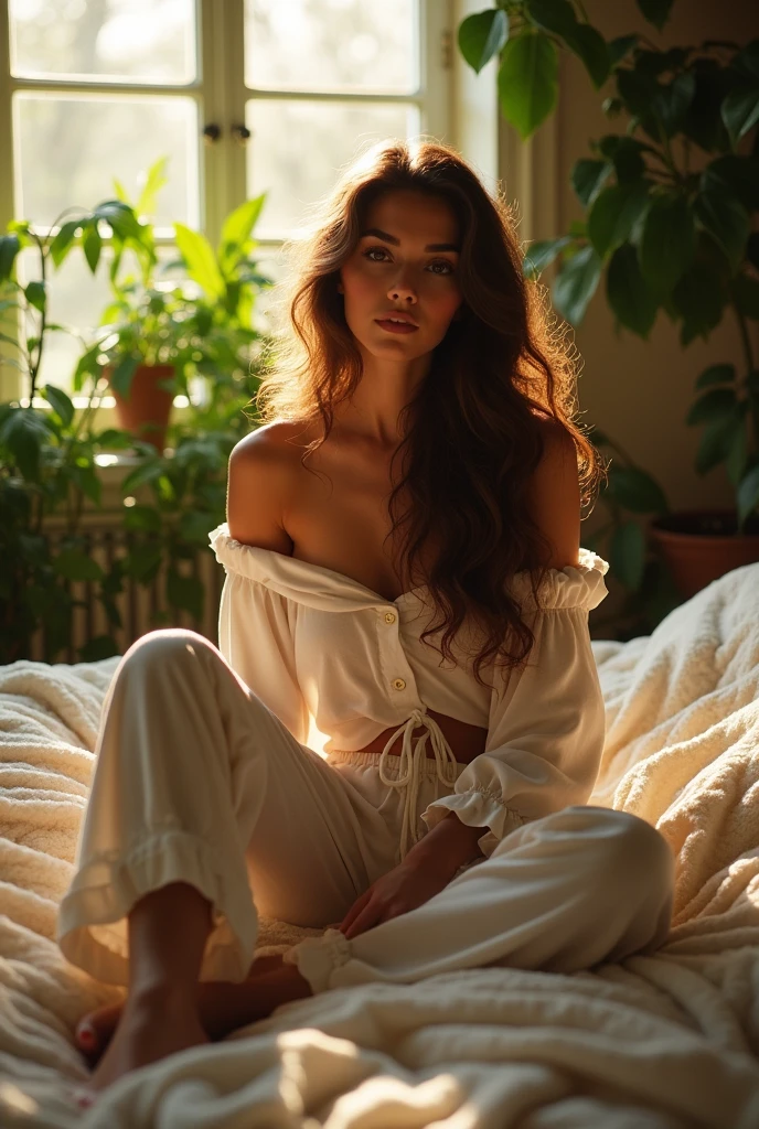 (photorealism:1.2), beautiful woman, sitting on bed, wearing loose off-shoulder top, pajama pants, long curly hair, indoors, soft lighting, plants in background, window with sunlight, cozy room, relaxed pose, realistic, intricate details, warm colors, by Greg Rutkowski, by Alphonse Mucha