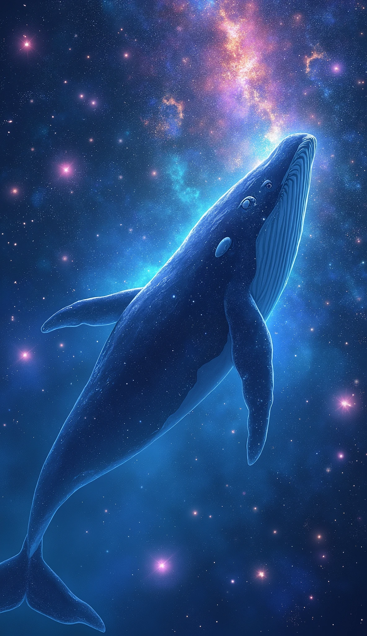 anime、(masterpiece:1.2),(Amazingly absurd:1.2),High resolution,Very detailed,Breathtaking creations,Starry sky themed artwork、universe,((A whale swimming in the sea of stars)),Strong contrast