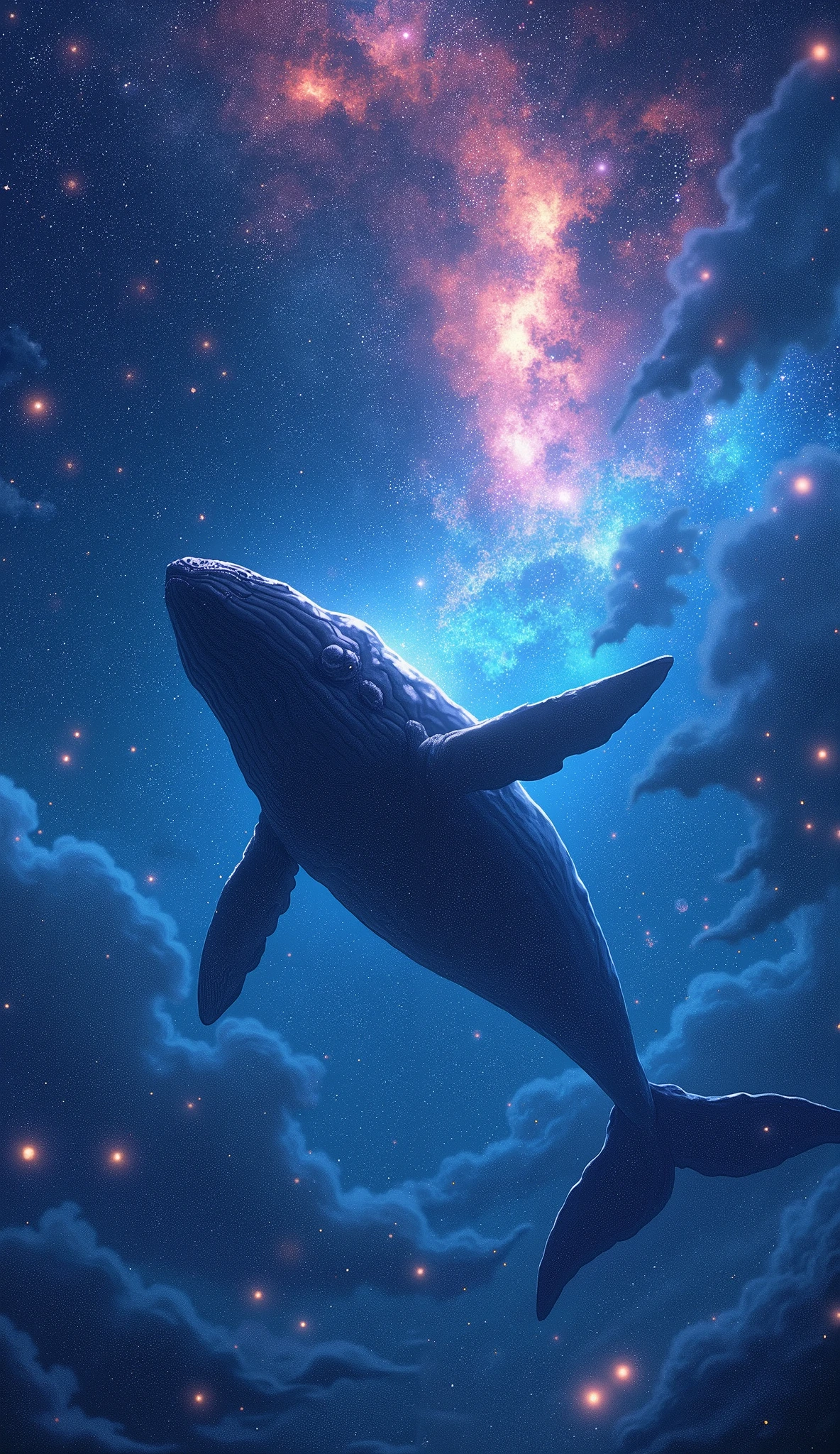 anime、(masterpiece:1.2),(Amazingly absurd:1.2),High resolution,Very detailed,Breathtaking creations,Starry sky themed artwork、universe,((A whale swimming in the sea of stars)),Strong contrast