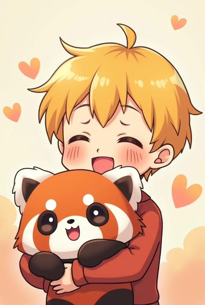 Cute yellow hair shota short hair red panda stuffed animal icon anime illustration small stuffed animal eyes and mouth open
