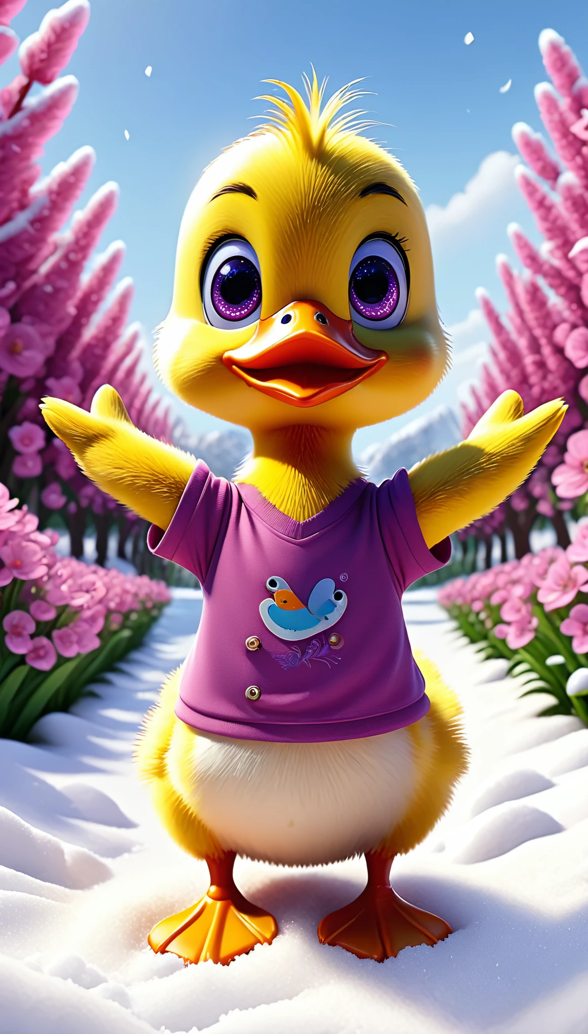 cute tiny duck, cartoon , arms, hands ,cute eyes, looking at viewer, arms up, close, pink flowers, purple shirt, snow