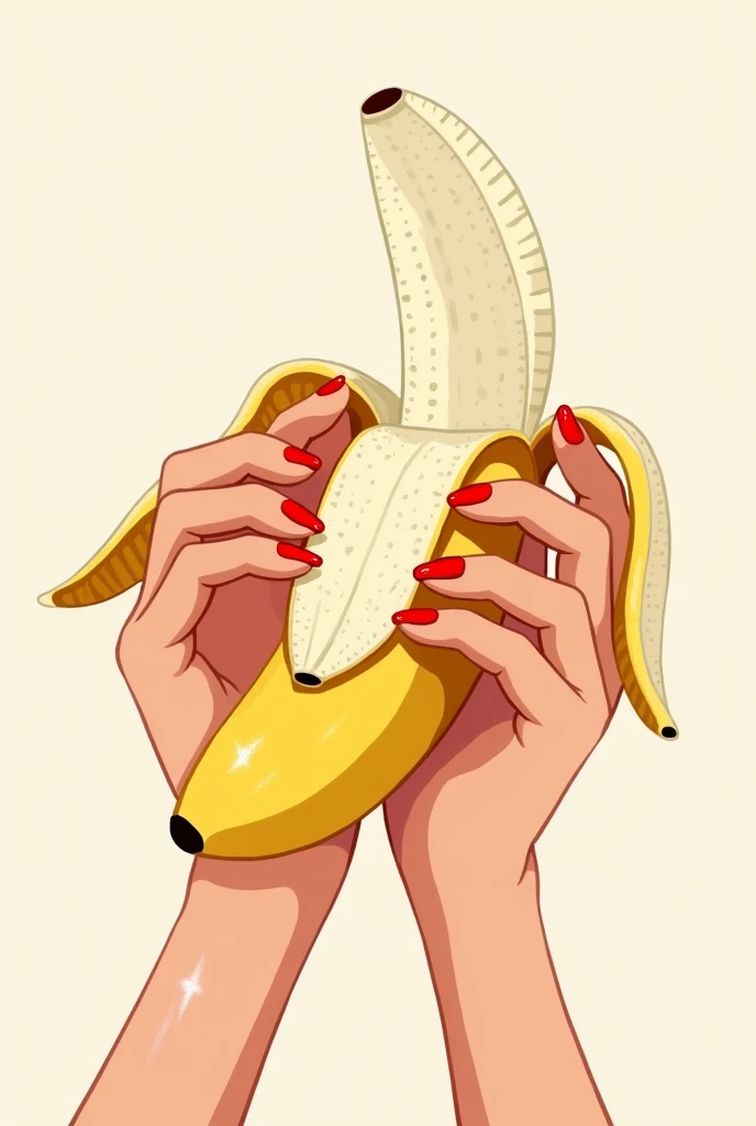 Beautiful woman's hands holding the white part of a peeled banana in one hand、Red nail polish、An illustration、design、art