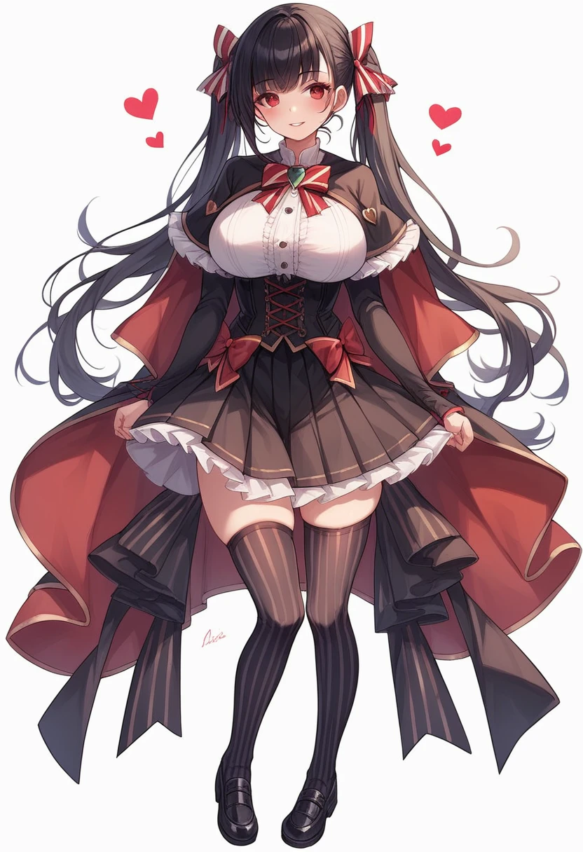 1girl, solo, long hair, breasts, looking at viewer, blush, smile, bangs, skirt, large breasts, shirt, black hair, red eyes, thighhighs, long sleeves, white background, dress, bow, ribbon, twintails, standing, full body, hair ribbon, hair bow, heart, sidelocks, thighs, pleated skirt, frills, parted lips, striped, black thighhighs, black skirt, black footwear, red bow, red ribbon, zettai ryouiki, skindentation, neck ribbon, capelet, brooch, corset, striped thighhighs, vertical stripes, striped bow, center frills, black capelet, vertical-striped thighhighs, frilled capelet