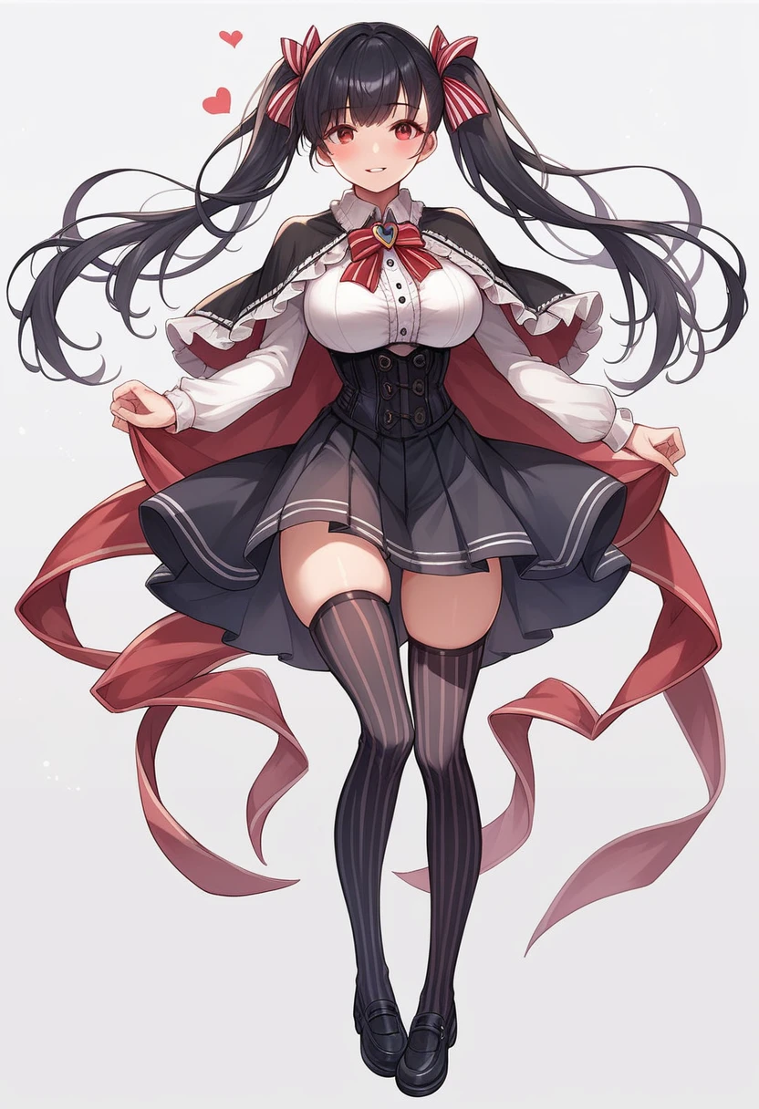 1girl, solo, long hair, breasts, looking at viewer, blush, smile, bangs, skirt, large breasts, shirt, black hair, red eyes, thighhighs, long sleeves, white background, dress, bow, ribbon, twintails, standing, full body, hair ribbon, hair bow, heart, sidelocks, thighs, pleated skirt, frills, parted lips, striped, black thighhighs, black skirt, black footwear, red bow, red ribbon, zettai ryouiki, skindentation, neck ribbon, capelet, brooch, corset, striped thighhighs, vertical stripes, striped bow, center frills, black capelet, vertical-striped thighhighs, frilled capelet