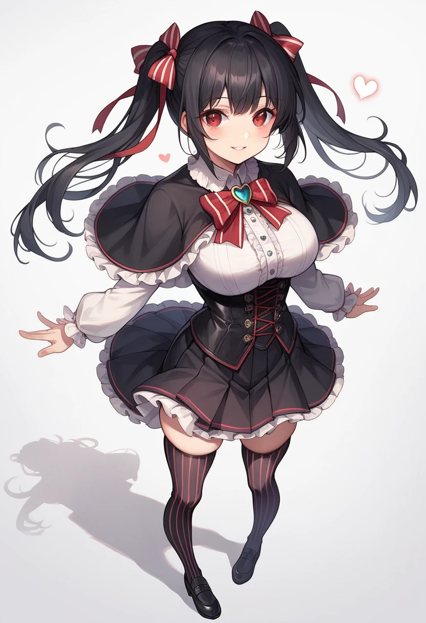 1girl, solo, long hair, breasts, looking at viewer, blush, smile, bangs, skirt, large breasts, shirt, black hair, red eyes, thighhighs, long sleeves, white background, dress, bow, ribbon, twintails, standing, full body, hair ribbon, hair bow, heart, sidelocks, thighs, pleated skirt, frills, parted lips, striped, black thighhighs, black skirt, black footwear, red bow, red ribbon, zettai ryouiki, skindentation, neck ribbon, capelet, brooch, corset, striped thighhighs, vertical stripes, striped bow, center frills, black capelet, vertical-striped thighhighs, frilled capelet