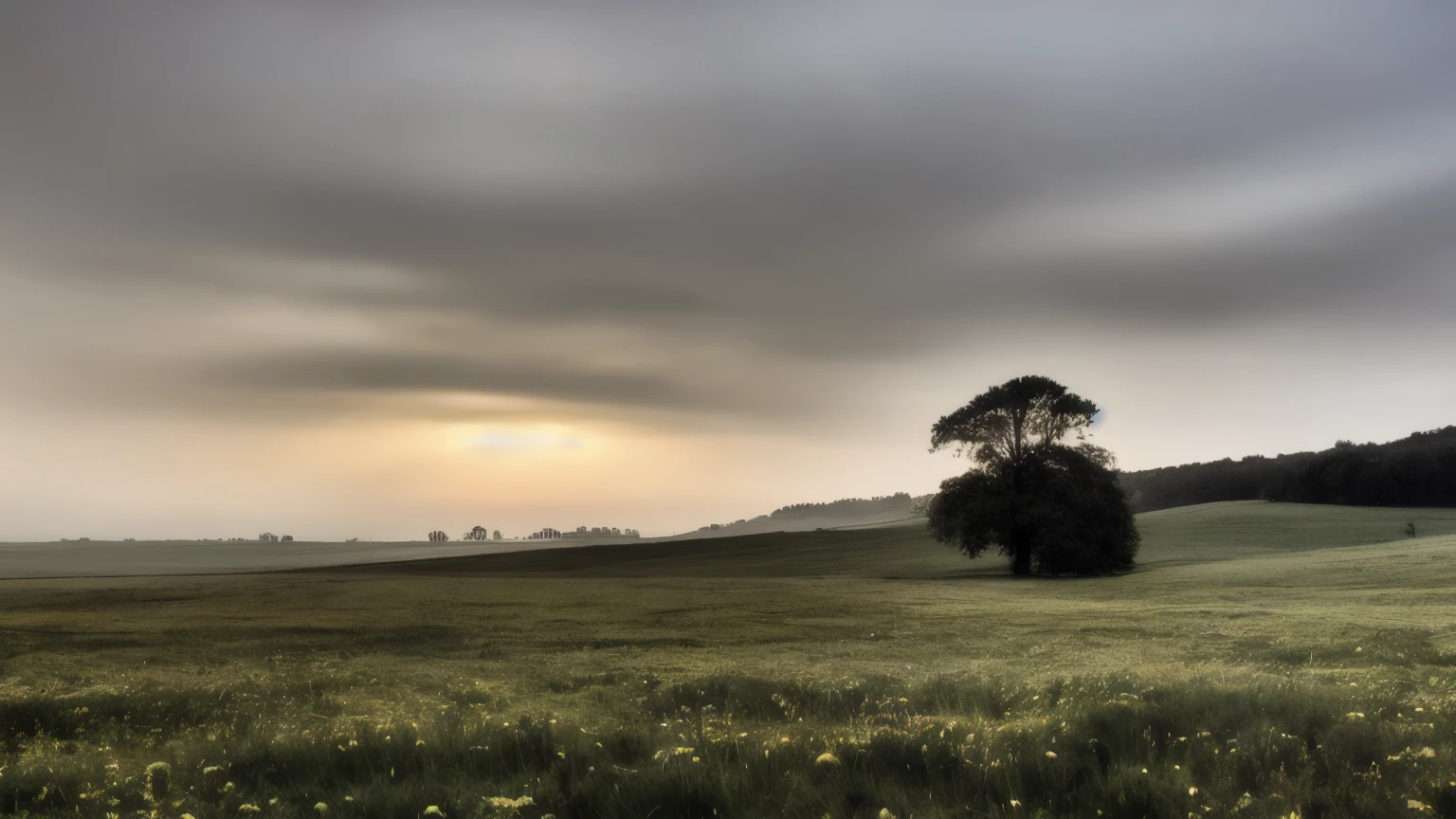 out of focus, photo, realistic, not well-defined, uneasy, low saturation, liminal, meadow, wide, cloudy sky, strong fog