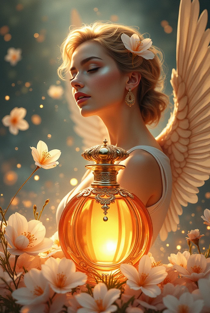 A (((vividly drawn aillustration))), representing a (((perfume))) with notes of (amber, black, and white) and touches of (gold and silver), splashed with delicate (flower petals) that give off a (subtle glow), accompanied by a (seductively drawn body) with a (serenely poised nose) that complements the (ethereal atmosphere) with (swirling particles) and a (fantastically rendered face) with (exquisite features) and (correct anatomy), all set against a (masterfully drawn, fantasy) backdrop with (unreal wings) and a (dazzlingly detailed, perfect face) with (flawlessly drawn, intricate details) and (distinctive, luxurious patterns), all combining to create a (breathtakingly detailed, epic masterpiece) that defies description even at