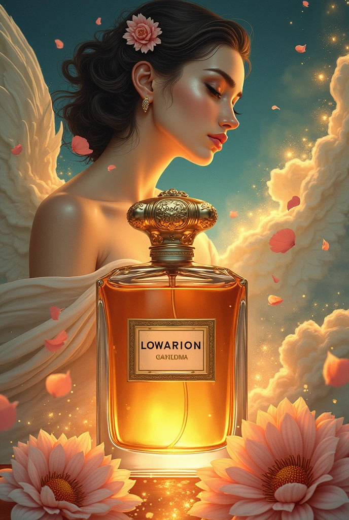 A (((vividly drawn aillustration))), representing a (((perfume))) with notes of (amber, black, and white) and touches of (gold and silver), splashed with delicate (flower petals) that give off a (subtle glow), accompanied by a (seductively drawn body) with a (serenely poised nose) that complements the (ethereal atmosphere) with (swirling particles) and a (fantastically rendered face) with (exquisite features) and (correct anatomy), all set against a (masterfully drawn, fantasy) backdrop with (unreal wings) and a (dazzlingly detailed, perfect face) with (flawlessly drawn, intricate details) and (distinctive, luxurious patterns), all combining to create a (breathtakingly detailed, epic masterpiece) that defies description even at