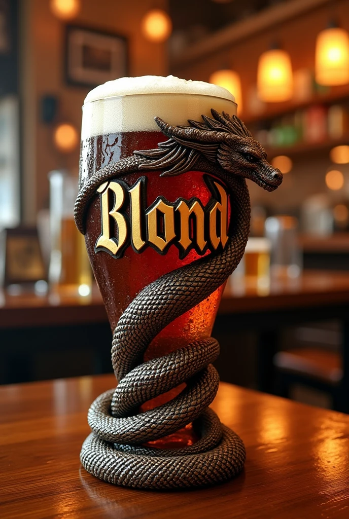 a cup with a dragon, 3d name. unreal engine, style letters, Inspired by Armando, the name of the band is blond, holding a beer pitcher, very detailed engraving,