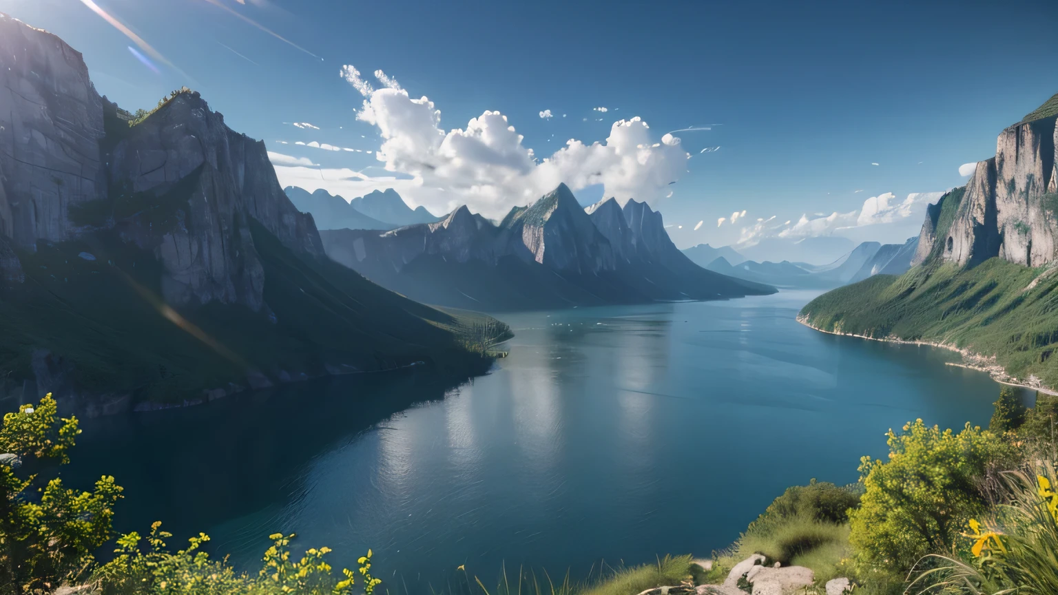 masterpiece, best quality, high quality, Extremely detailed CG unity 8k wallpaper, landscape, outdoor, Sky, cloud, Sky, No humans, Mountain, landscape, water, Tree, blue Sky, waterfall, cliff, nature, lake, river , cloudy skies, Award-winning photography, Bokeh, Depth of Field, HDR, bloom, Chromatic Aberration, Photorealism, Very detailed, Popular on artstation, Popular on CGsociety, complex, High Detail, dramatic, Art on the go