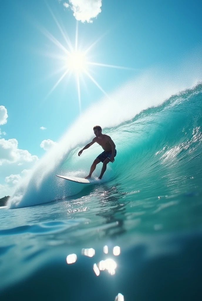 "An ultra-realistic surfer captured in a cinematic moment, sliding on a big wave. The image has a subtle camera blur that gives a sense of movement and dynamism. The sky is a vibrant blue, with rays of light passing through the clouds and reflecting on the water, creating a dazzling effect. The scene is full of energy, with the surfer at the center of the action, in perfect harmony with the power of the ocean."