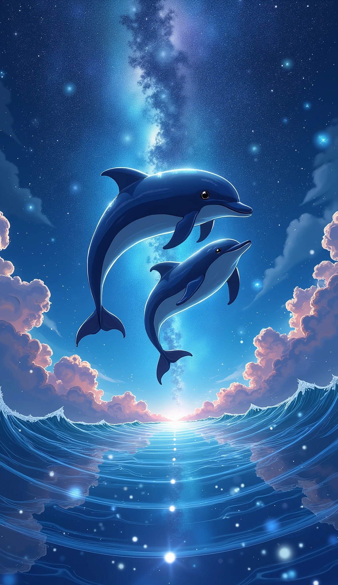 anime、(masterpiece:1.2),(Amazingly absurd:1.2),High resolution,Very detailed,Breathtaking creations,Starry sky themed artwork、universe,((Dolphins swimming in the sea of stars))