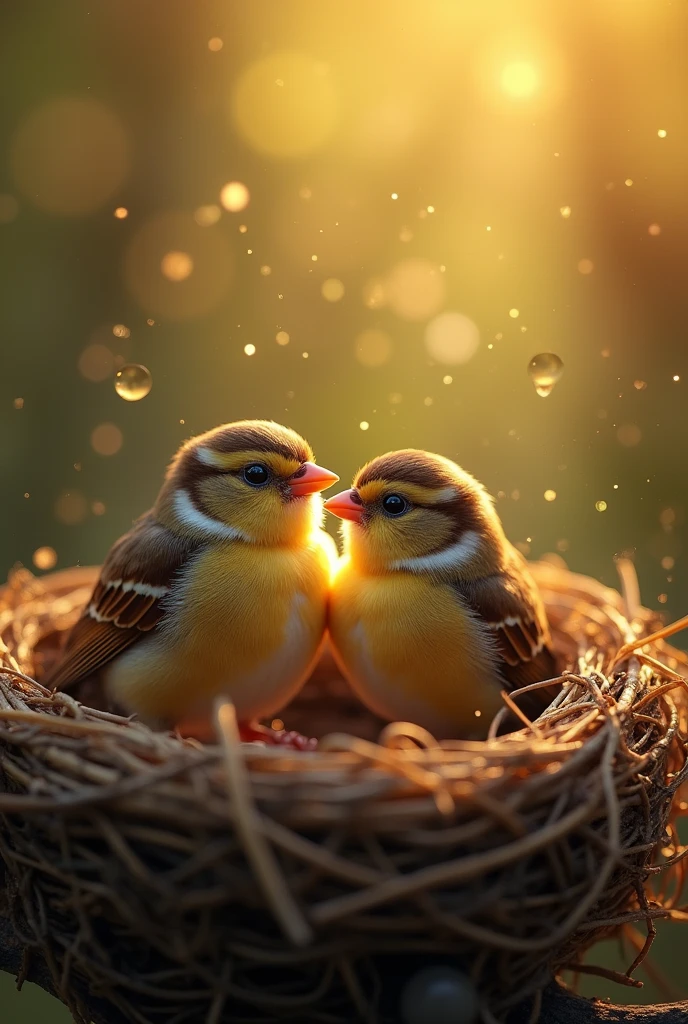 (masterpiece:1.2,excellent quality,Like a mirror,cinematic experience),8K,wallpaper,(Happy sparrow family),(Nest),(Light Particles),(warm light)
