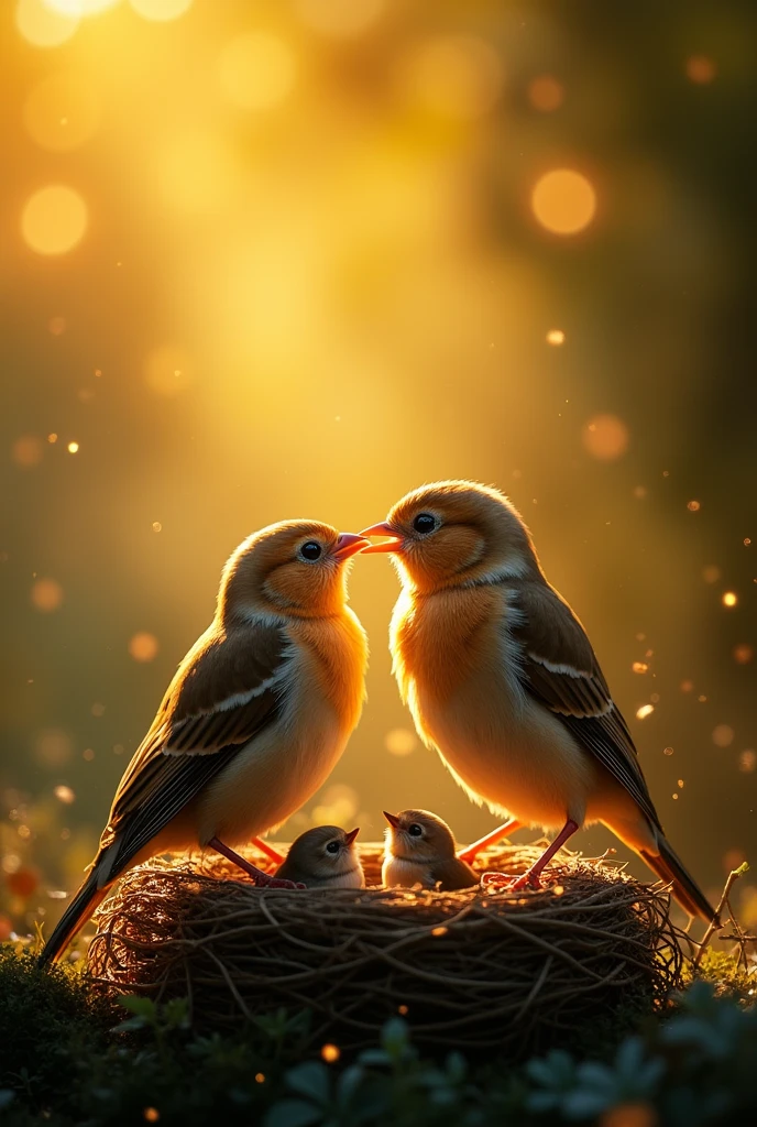 (masterpiece:1.2,excellent quality,Like a mirror,cinematic experience),8K,wallpaper,(Happy sparrow family),(Nest),(Light Particles),(warm light)