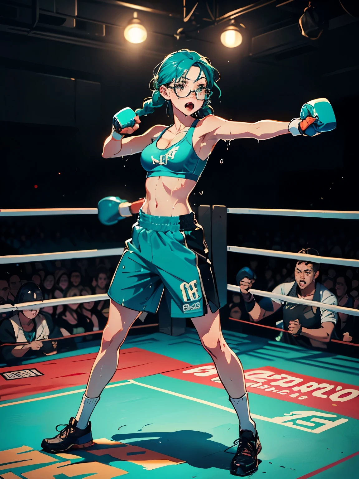 Masterpiece, best quality, 1_woman, ((full body)), sweaty body, (Caucasian skin_complexion), mature, portrait shot, looking to the side, mouth opened with (scared) expression, teal hair, long double hair braids, bright teal hair, diamond shaped eyes, glasses, ((large breasts)), large_bust, dark blue sport's bra, cleavage, ((wet clothes)) teal boxing shirts, navel, small waist, black boxing gloves, white tube socks, fighting, inside boxing ring ,color difference, Depth of field, dramatic shadow, Ray tracing, Best quality, Cinematic lighting, official art,