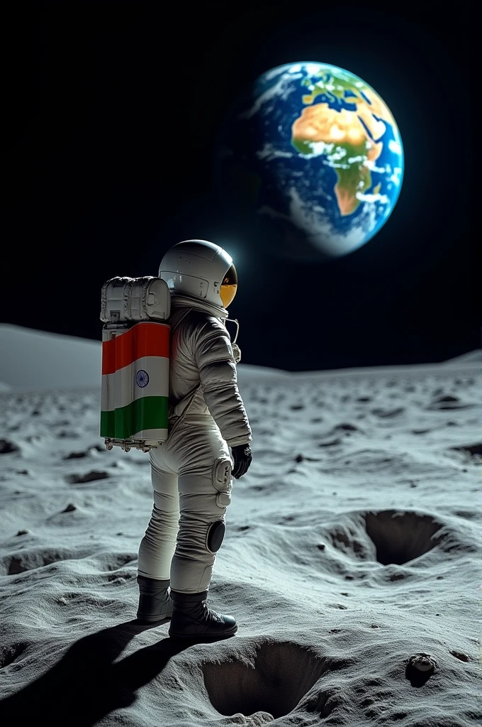 An Indian astronaut is watching the Earth from the Moon and we are seeing its back side.