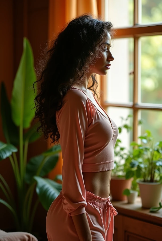 (photorealism:1.2), seductive indian, , wearing tight kurta top, not wearing a bra inside, nipples poking from inside the top,  tight pajama pants, long curly hair, indoors, soft lighting, plants in background, window with sunlight, cozy room, standing, realistic, intricate details, warm colors, side view. Full body view, aheago face, hard nipples, big round ass, plum boobs