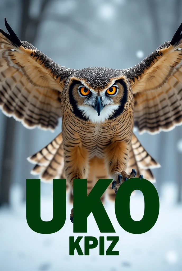 Create an image of a Siberian Eagle Owl in a dive, which has the letters UKO in big green letters below the claws. The eagle owl should look aggressive. It should also say KPIZ in smaller font underneath. 